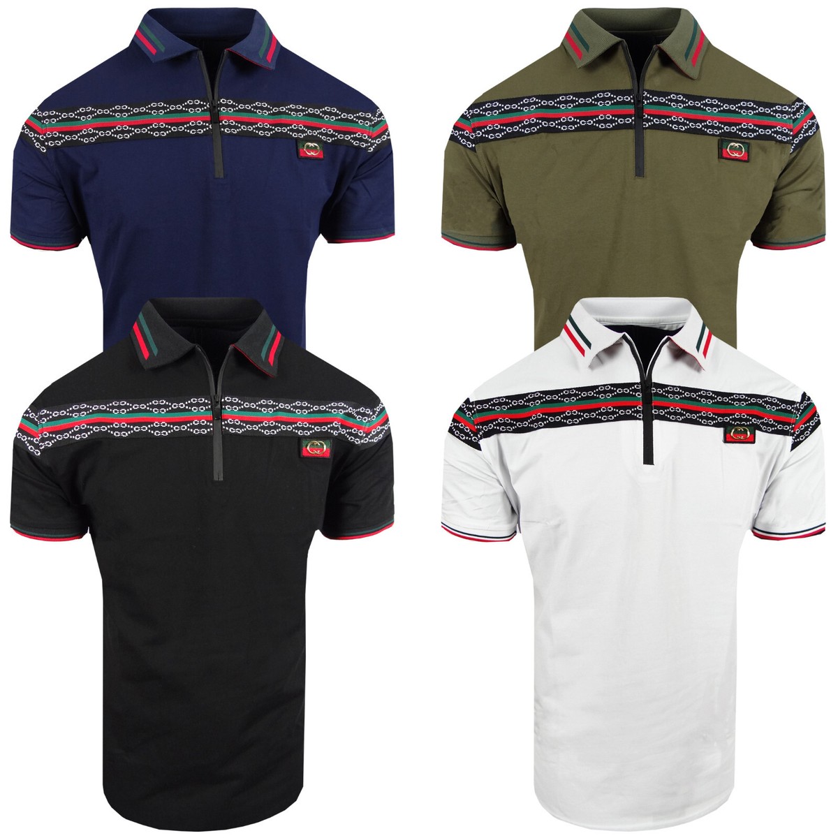 Polo Shirt Mens Embroidered Italian Designer Logo Stripe Zip