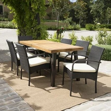 7 pieces Outdoor Sebastian Faux Rattan Chairs & Wood Table Dining Set