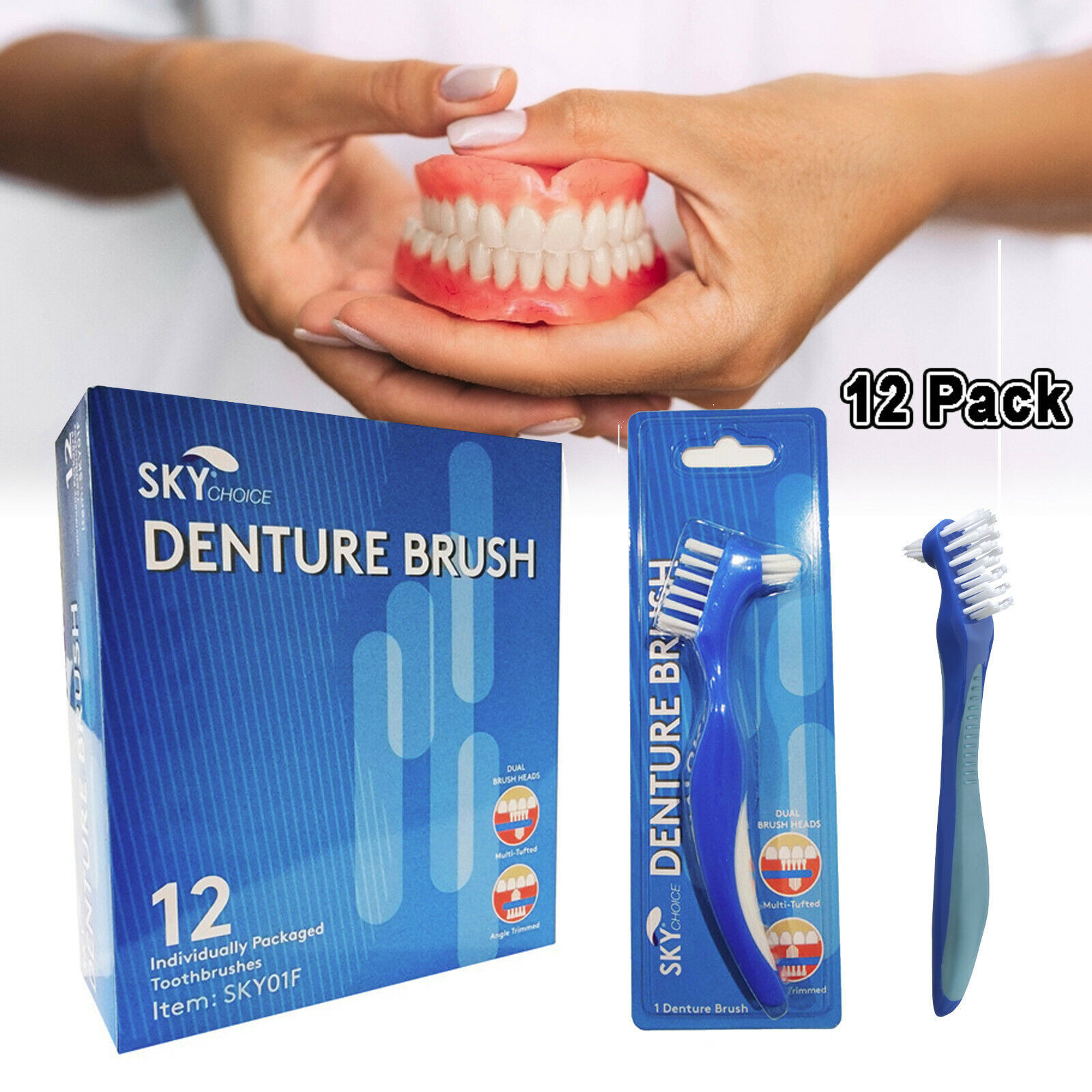12 Denture Toothbrush Dual Head Tooth Brush Ergonomic Handle