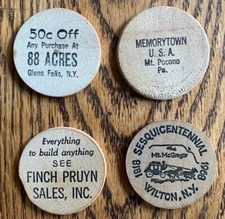 ESTATE FIND WOODEN NICKEL LOT - FOUR (4) DIFFERENT - NICE DETAIL