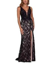 Betsy  Adam V-Neck Lace Gown  450 Black Nude High Slit Size 4 Prom MOB Gala