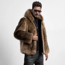 Luxury Men's Real American Raccoon Fur Hood Jacket Genuine Fur Coat Warm Outwear