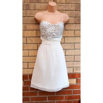 Club L White Beaded Front Ruched Grecian Bandeau Skater Prom Party Dress 12 M