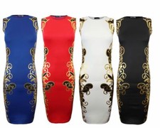 LADIES WOMENS GOLD FOIL FLORAL PRINT SLEEVELESS BODYCON MINI MIDI DRESS TOP 8-14