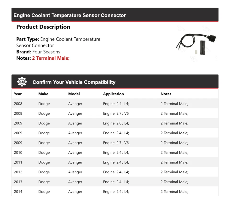 For 2008-14 Dodge Avenger Engine Coolant Temperature Sensor Connector 4 Seasons - Image 2 of 4