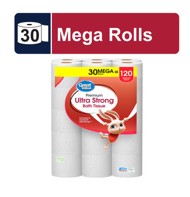 Great Value Ultra Strong 2-Ply Toilet Paper, 30 Mega Rolls