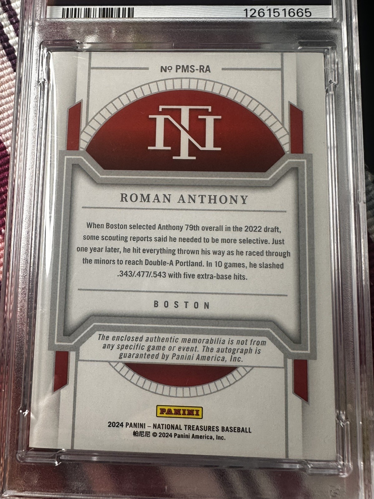 2024 Panini National Treasures Roman Anthony 3 Color Patch/Auto  46/99   “E”  view 4