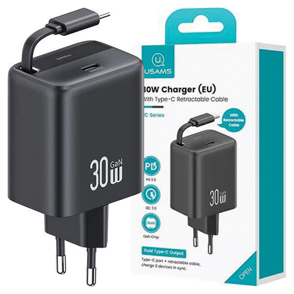 USAMS-LADEGERÄT 1Xusb-C MIT Einziehbarem Kabel FÜR APPLE-TELEFONE 30W PD QC3.0-image