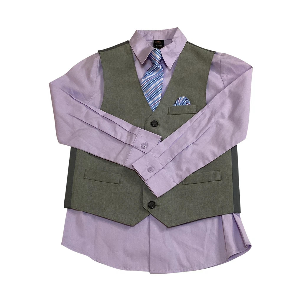 Conjunto Chaleco Dockers Niños 4 Piezas Camisa Corbata Pañuelo Gris Púrpura Niños Talla 7 Nuevo con Etiquetas Foto 4 de 4