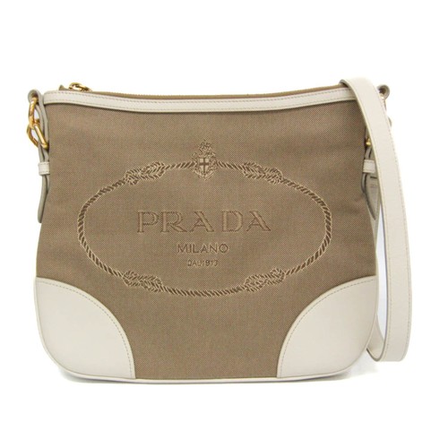 Prada Logo Jacquard BT867A Ladies Canvas Leather Shoulder Bag Beige Off White Us