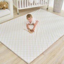 Large Vegan Leather Baby Play Mat, 1.3"Thick Foam, 59x82 inch, Beige Checker