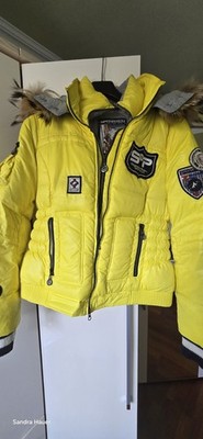 Sportalm Damen Skijacke Gelb Gr. 42 kurz mit Kapuze Fellbesatz Reißverschluss
