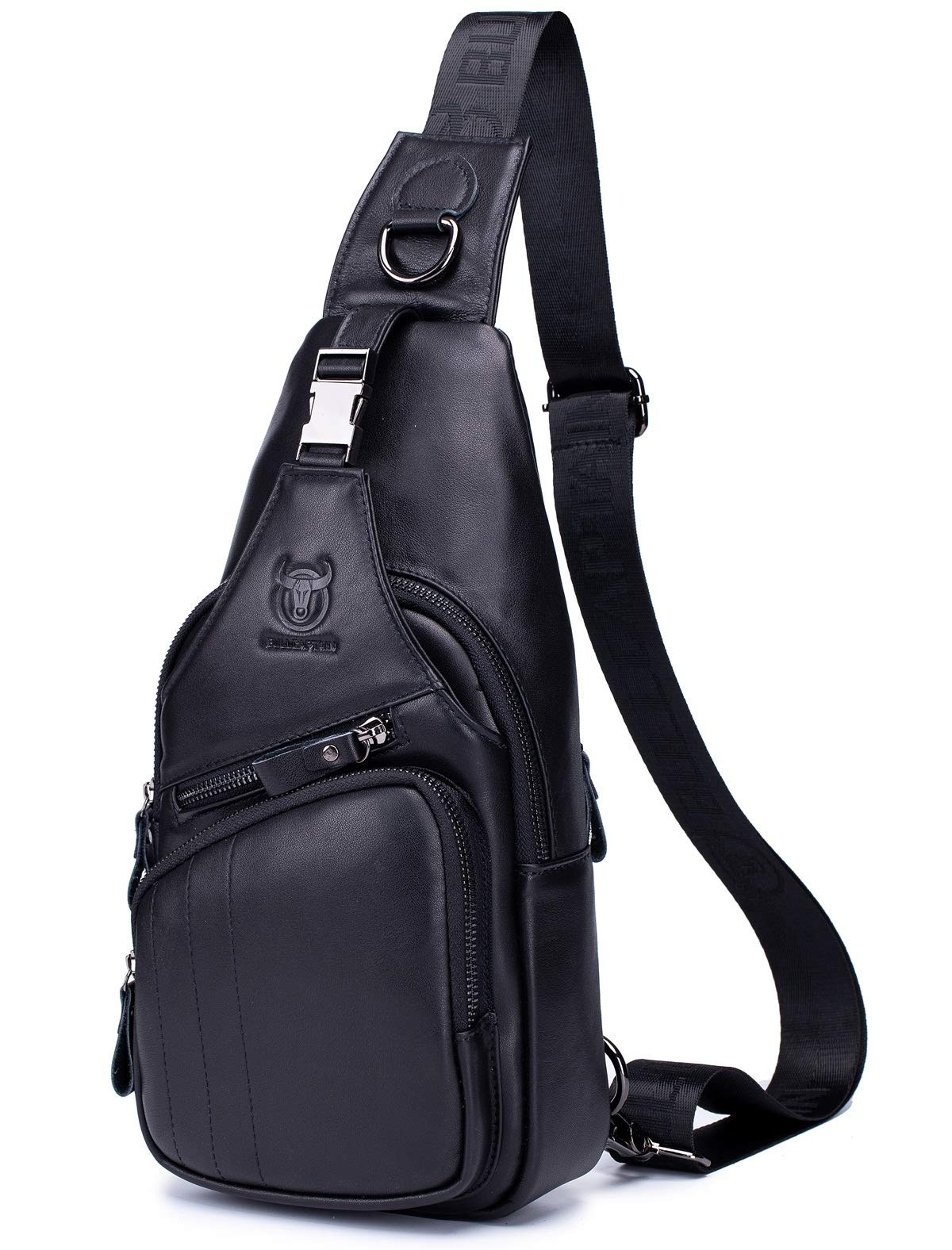 Men's Black Leather Sling Bag - Casual Crossbody Chest Pack for Travel