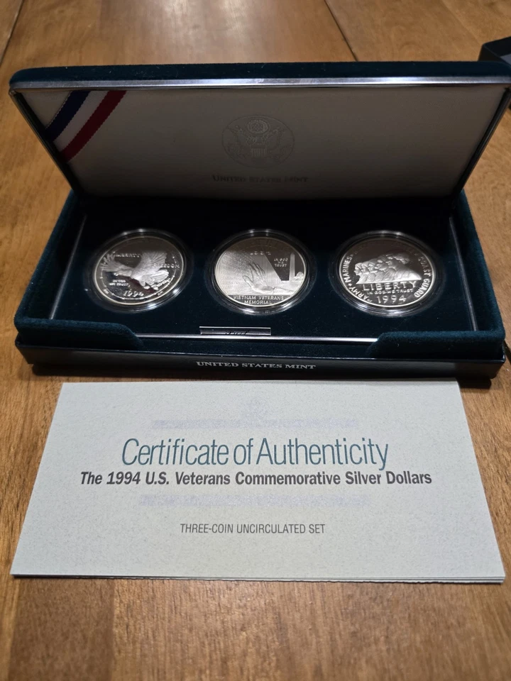 1994 P US Veterans Proof Commemorative 90% Silver Dollars 3 Coin OGP Set A914 - Image 4 of 4