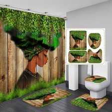 4PCS African American Green Leaves Vine Shower Curtain Sets with Non-Slip Rug...