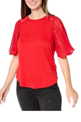 DG2 by Diane Gilman Women's Flutter Sleeve Mixed Media Top Red