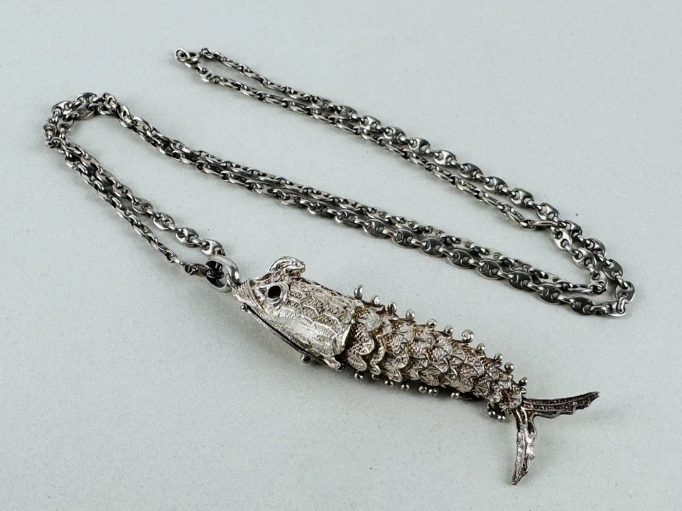 Vintage Collana Anni ‘70 Argento 800 Catena Marina Nautica Con Pesce Snodato 925 - Immagine 4 di 4