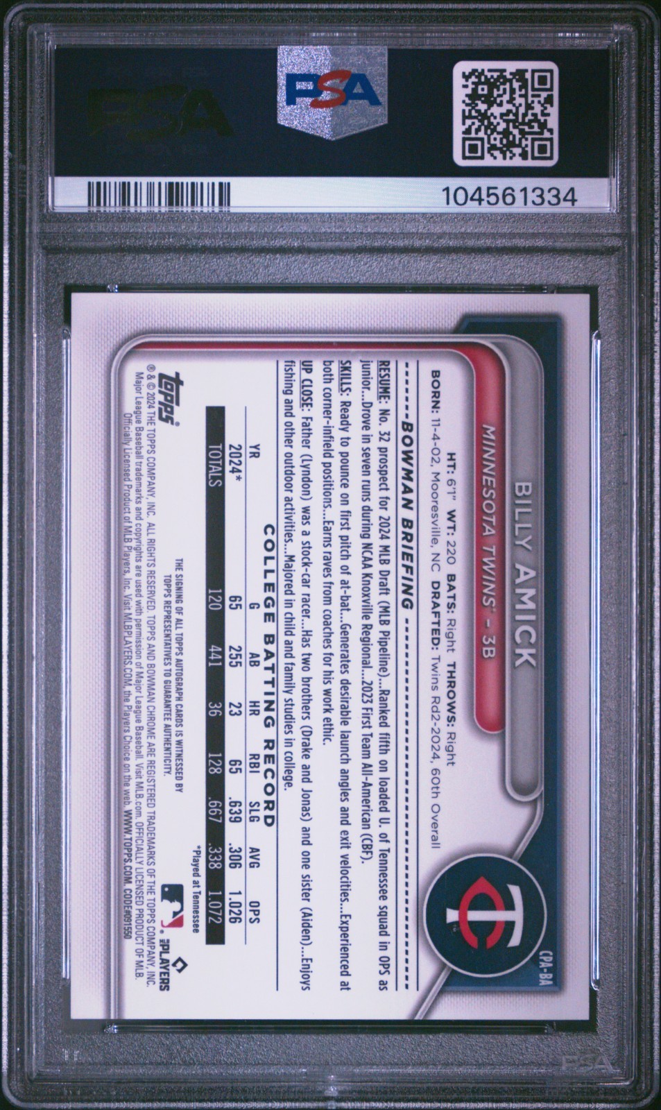 2024 Bowman Draft Billy Amick 1st Chrome HTA Refractor Auto /150 PSA 10 Mets view 3