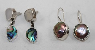 2 Pairs Sterling Silver MOP Abalone & Mabe Blister Pearl Drop Dangle Earrings