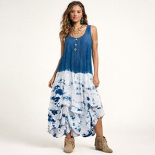 Tie Dye Boho Bubble Hem Dress Maxi Size Large Blue Bustle Festival Hippie 