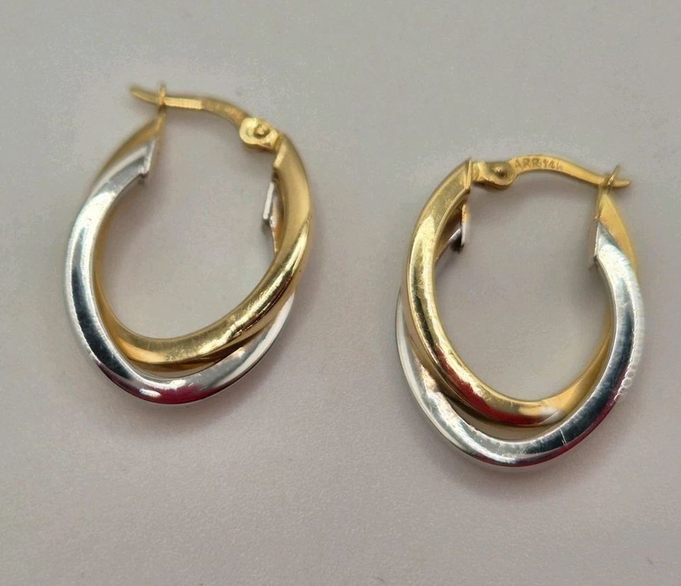 14ct (585) Yellow & White Gold Hoop Earrings 1.5g - Image 4 of 4