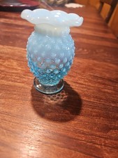 Fenton Blue Opalescent Hobnail Mini Vase Crimped Top 3 1/2"