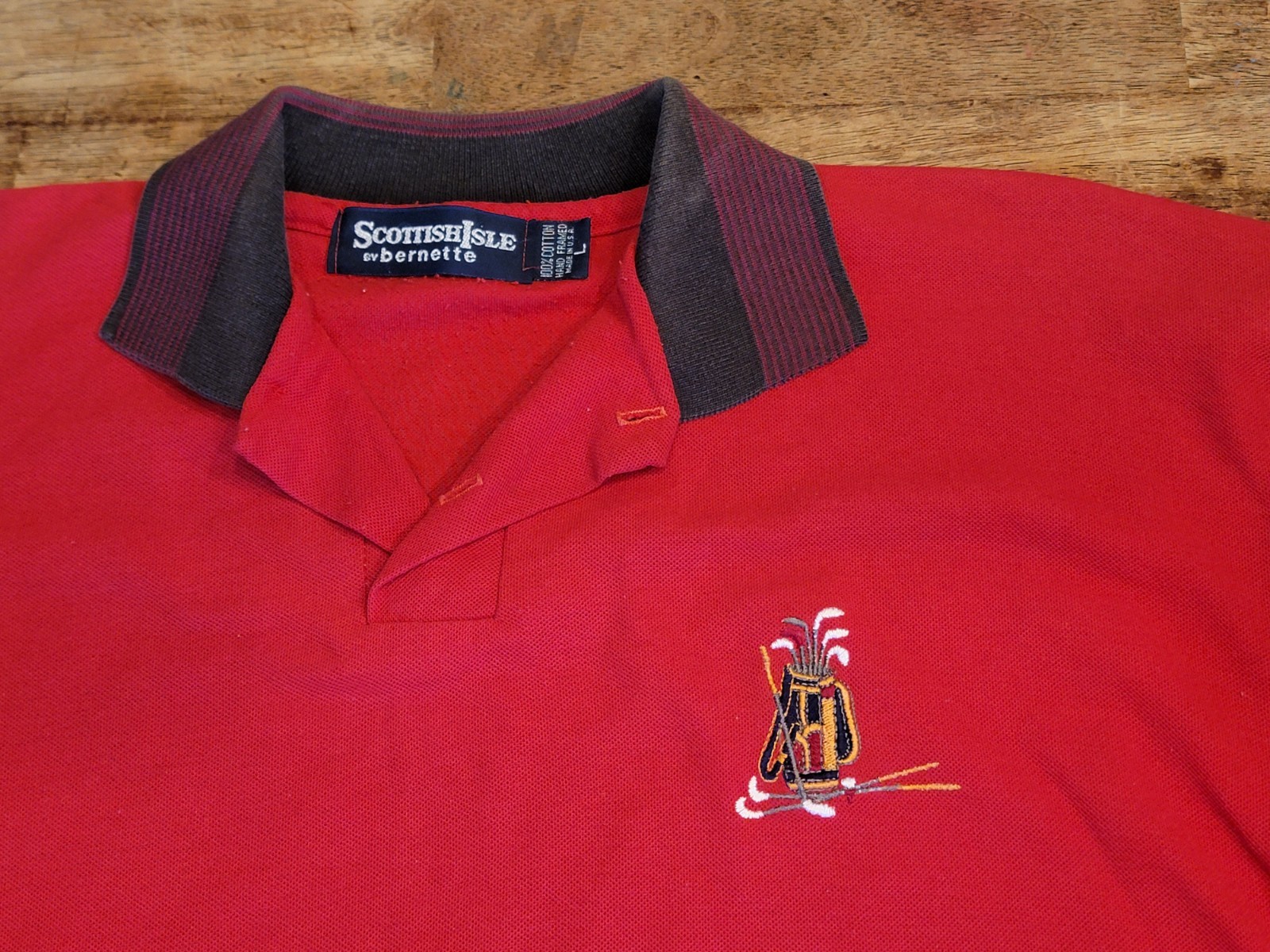 VTG 90s Scottish Isle Embroidered Golf Clubs Polo Mens L Red 100% Cotton USA