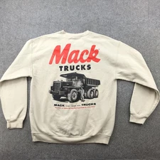 Mack Trucks Sweatshirt Mens Large Beige Crewneck Graphic Dump Truck Fleece