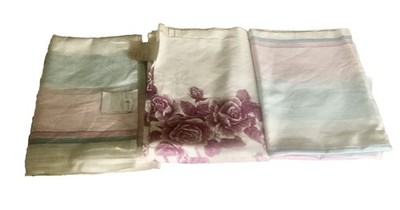 Vintage Rare Soviet Union Linen Flat Sheet White/Pink/Blue Striped 3pcs Set NWT