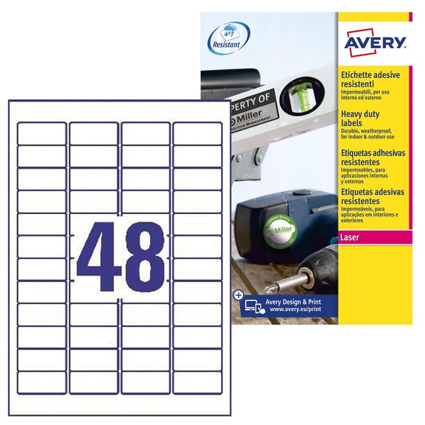 Avery L4778-8 Wetterfeste Folienetiketten 384 Stk. 45.7X21.2Mm A4 Weiß-image