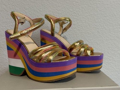 Dee Ocleppo Multicolor/Gold Striped Leather Platform Sandals Ankle Strap 6