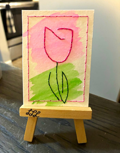 ACEO Original “Simple Tulip” Embroidered Watercolor Tulip Signed 2026