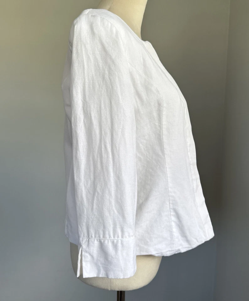 Blusa top manga 3/4 David N para mujer M blanca mezcla de lino botones delanteros Foto 2 de 4