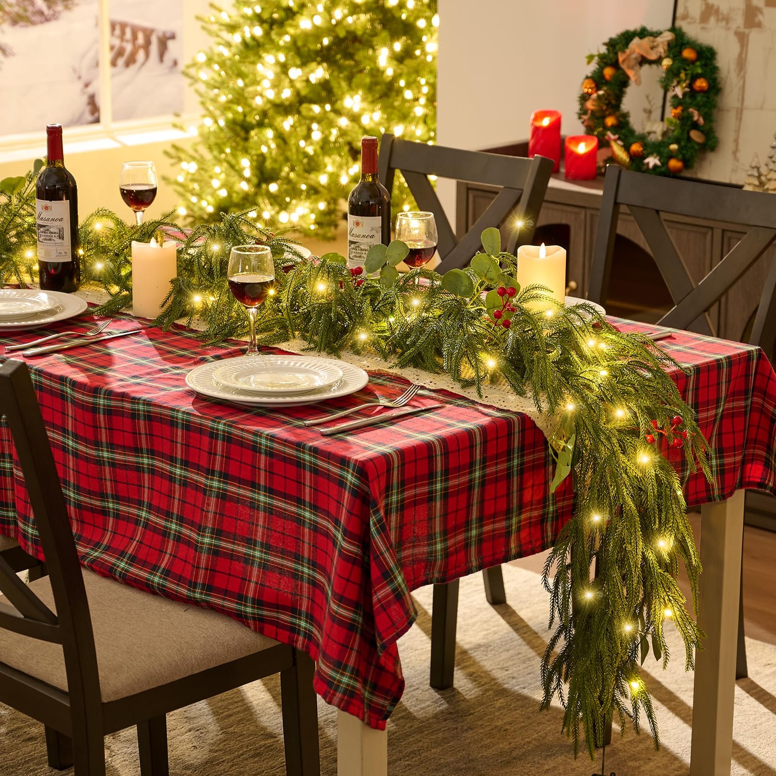 9FT Christmas Garland with Lights, Battery Operated Garland with Red Berries ...