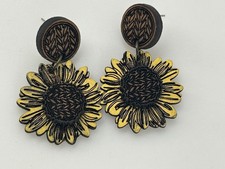 Drop Dangle Sunflower Wood Earrings Silver Tone Posts Laser Cut Boho