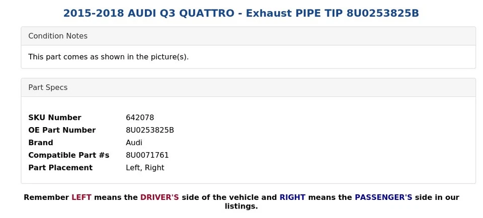 AUDI Q3 QUATTRO 2015-2018 - PUNTA DE TUBO DE ESCAPE 8U0253825B Foto 3 de 4
