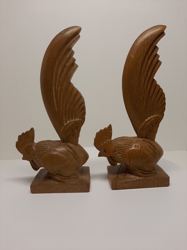 2 Vintage Wood Carved ROOSTER Bookends 11" tall Home Decor Rustic D6 - Picture 5 of 10