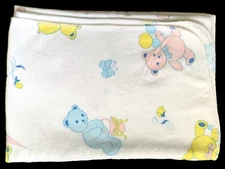 TEDDY BEARS 1970s Flannel Cotton Baby Receiving Blanket Pink Blue Yellow 37"x26"