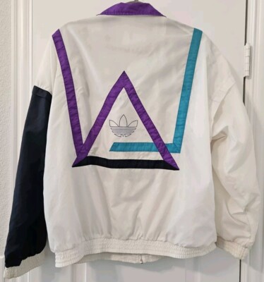 Adidas Windbreaker Medium Jacket 90s Style Full Zip Up White Blue Purple Black