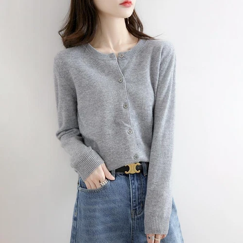 Cárdigan suéter simple de mezcla de cachemir para mujer color liso cuello redondo chaqueta abrigo - Imagen 19 de 37