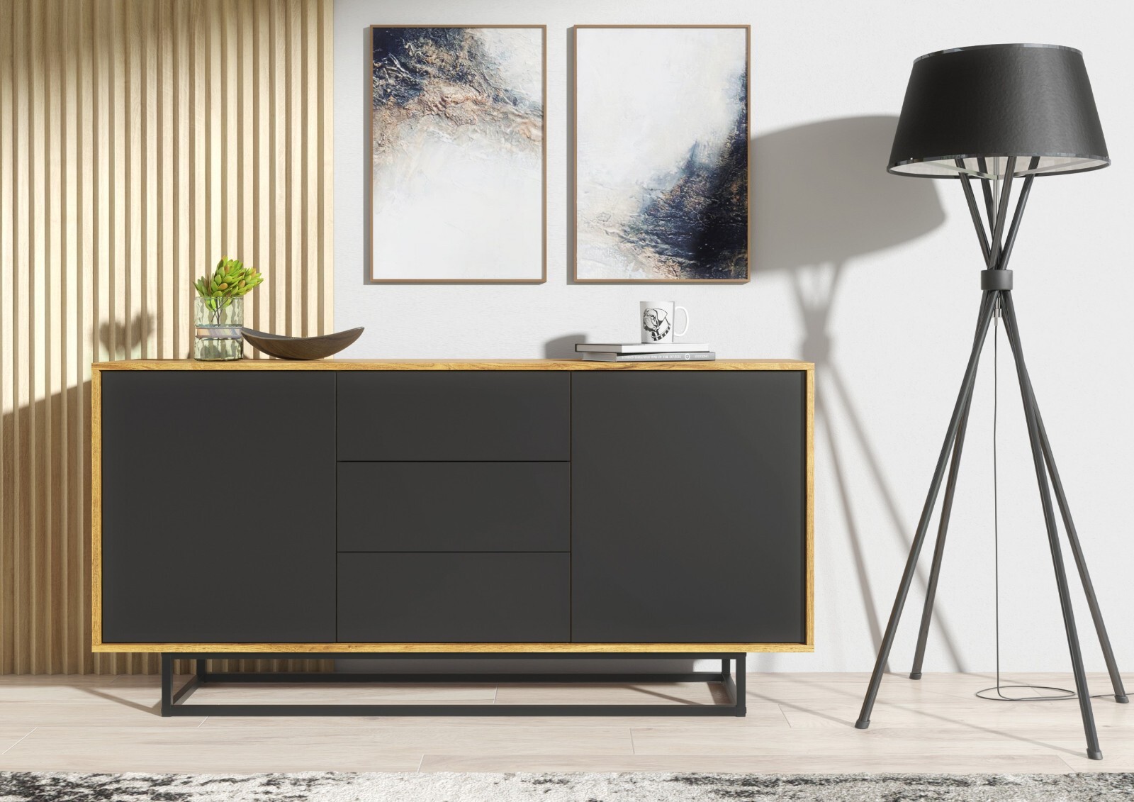 Sideboard 140cm | Rustic Modern | Industrial | Loft Style | Black Matt Fronts |