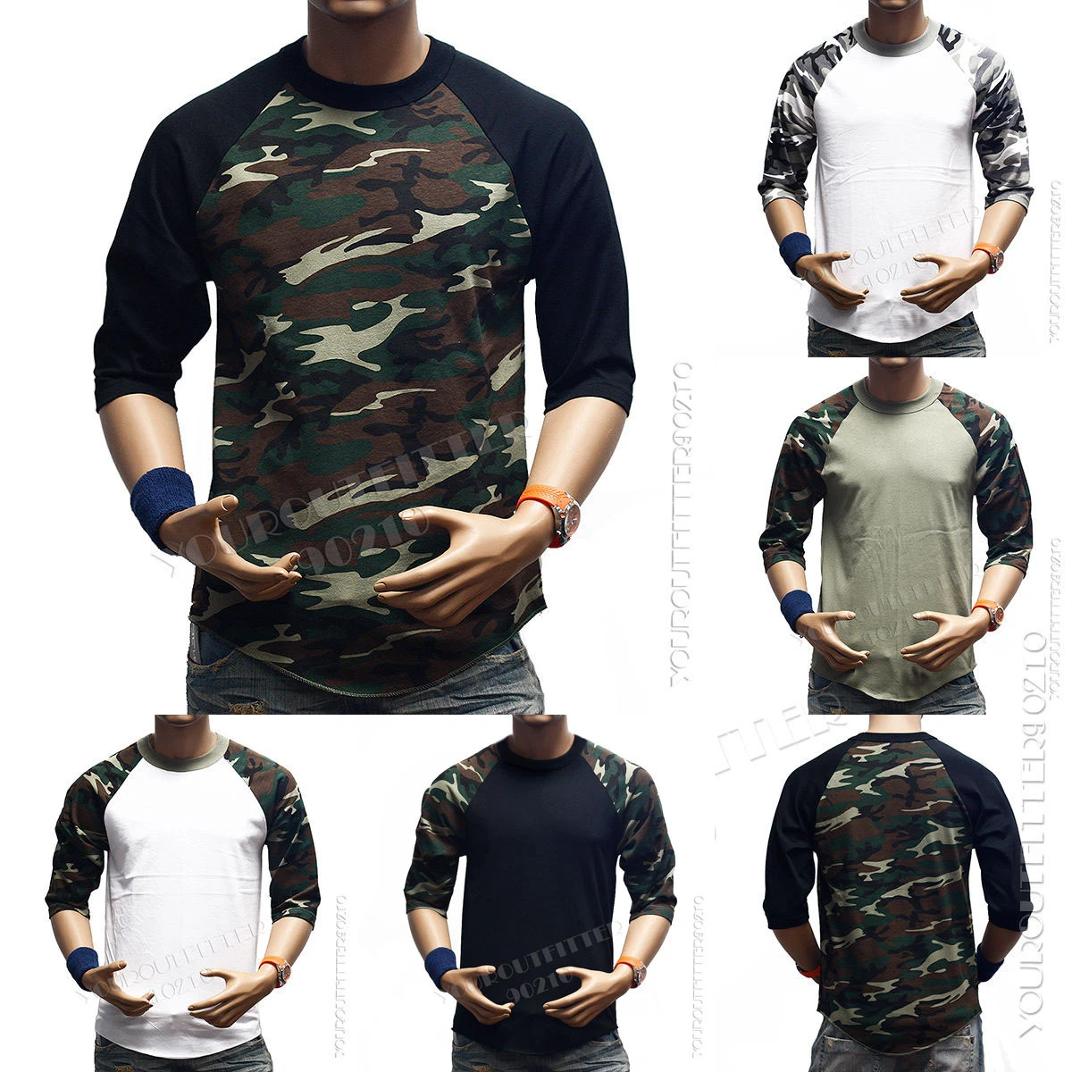 Men 3/4 Sleeve Camo Baseball T-Shirt Raglan Fashion Sports Team Crew  Hipster Tee