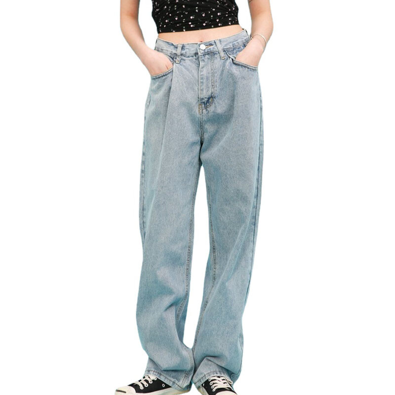 Lady Casual Pleated Jeans Retro Hip Hop Straight Leg Denim Pants