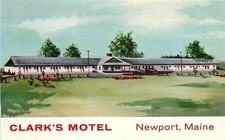 Newport Maine~Clark s Motel Front View with Lawn and Parking Lot 1950s Postcard