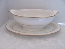 Noritake Tulane 7562 -White Scrolls on Rim-Gravy Boat with Attached Underplate