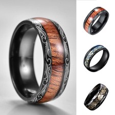 Men Tungsten Carbide Ring Wood Inlay Beveled edge Wedding Band Ring Size 6-8 H🔥