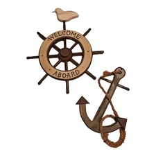 Nautical Wood Anchor and Ships Wheel Wall Hanging Plaques Sea Shore Ocean