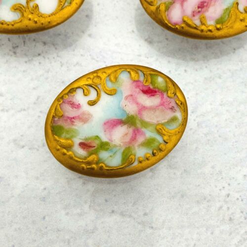 Set of Three Antique Hand Painted Porcelain Buttons - Roses - Picture 4 of 7