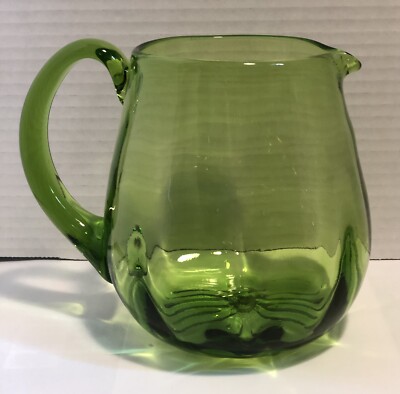 MCM Green Glass Pitcher Hand Blown W/ Applied Handle, optic pattern