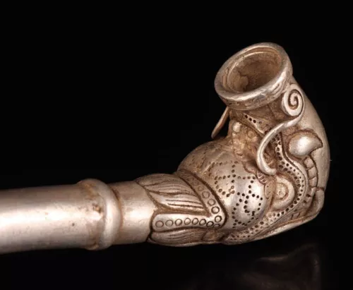 Rara statua drago portafortuna cinese antico tibetano argento intagliato a mano strumento fumo - Foto 4 di 6